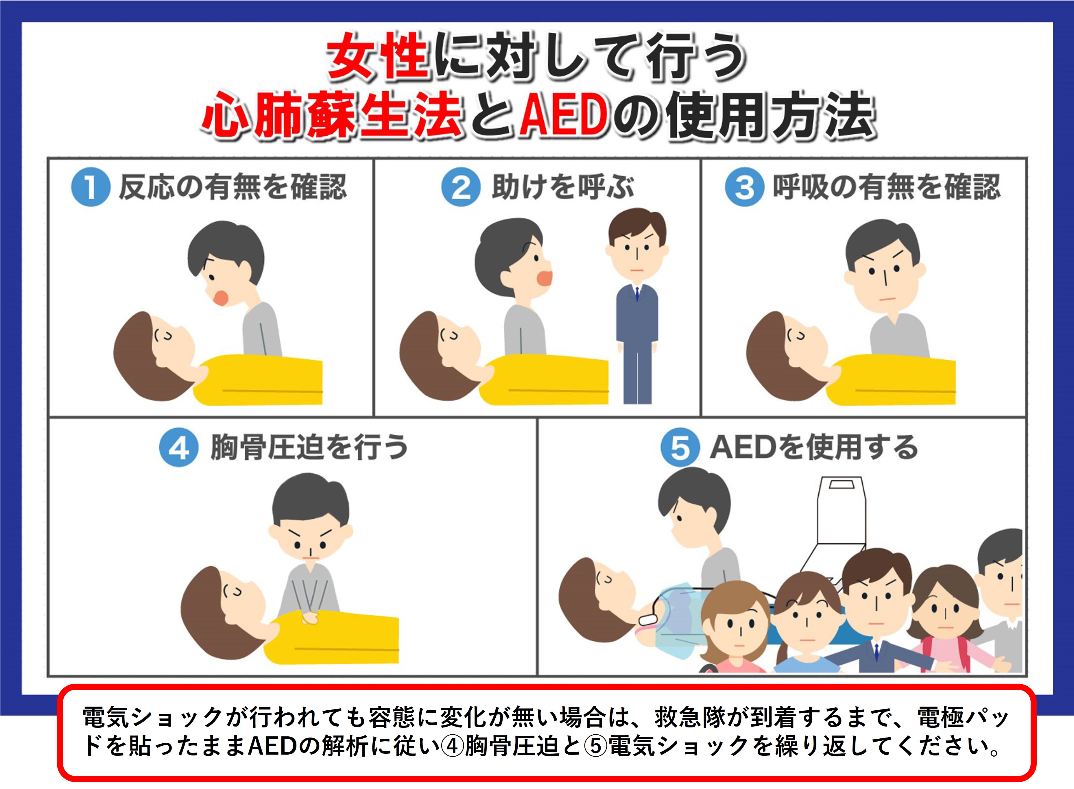 女性に対して行う心肺蘇生法とAEDの使用方法