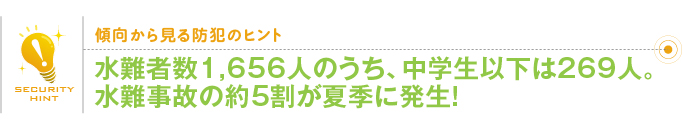 傾向から見る防犯のヒント「水難者数1,656人のうち、中学生以下は269人。水難事故の約5割が夏季に発生!」
